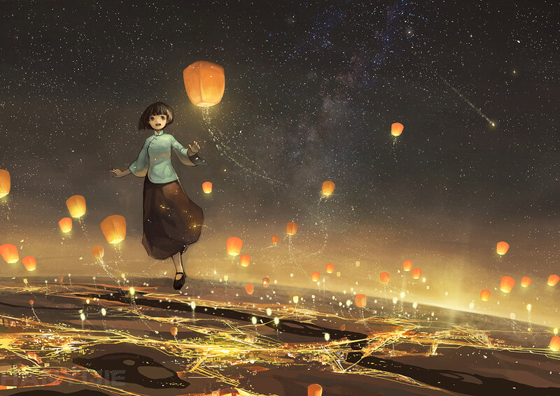 Girl Floating with Lanterns