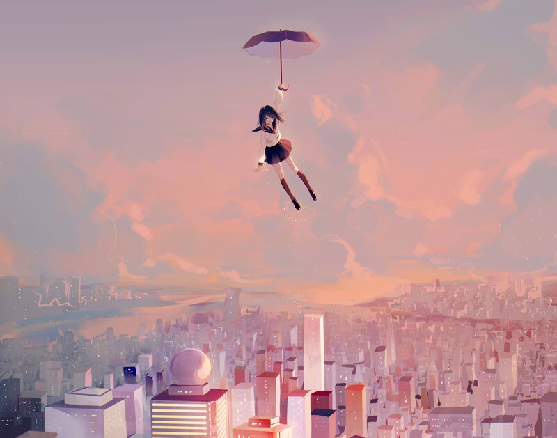 Girl Floating with Umbrella — Pink