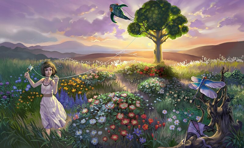 Girl flying a kite at sunset