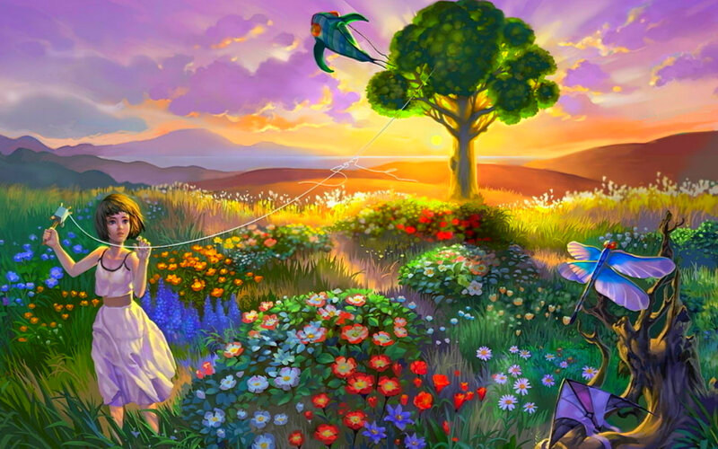 Girl Flying a Kite — Purple, Serene, Sunset