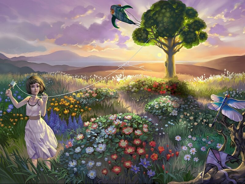 Girl Flying a Kite — Purple, Serene