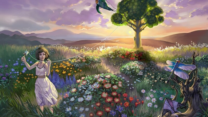 Girl Flying a Kite — Purple