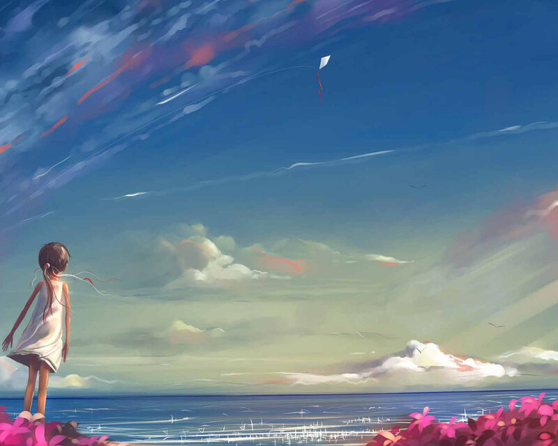Girl Flying Kite — Blue, Serene, Afternoon
