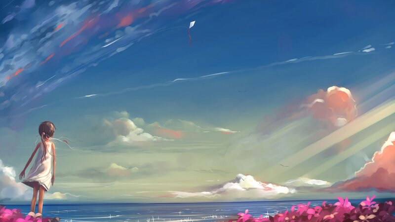 Girl Flying Kite — Blue, Serene, Sunset, Digital Art, Clouds