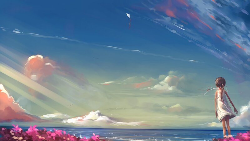 Girl Flying Kite — Blue, Serene, Sunset, Digital Art, Sea