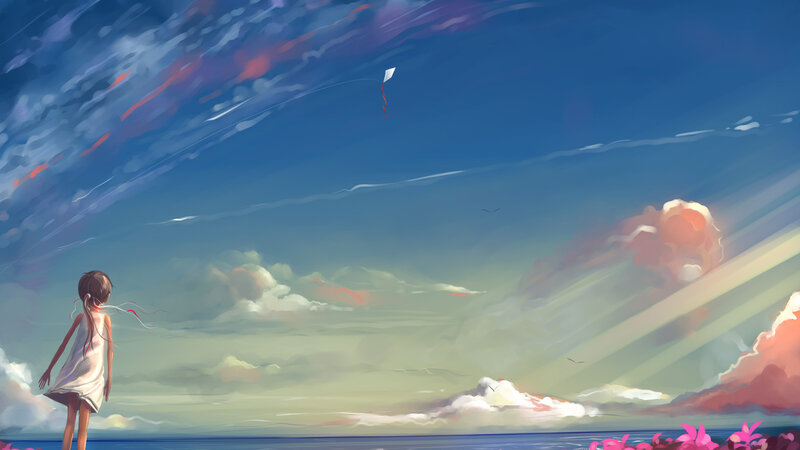 Girl Flying Kite — Blue, Serene, Sunset