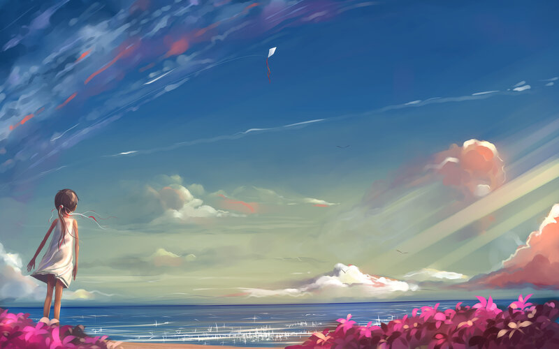 Girl Flying Kite — Blue, Serene