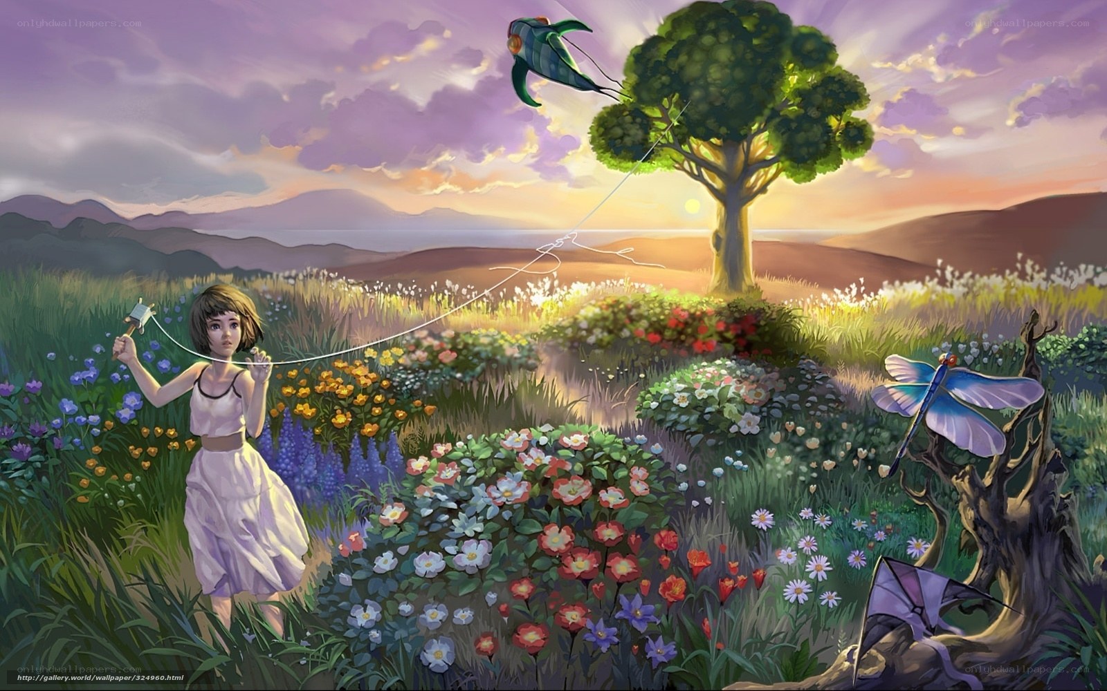 Girl flying kite in meadow