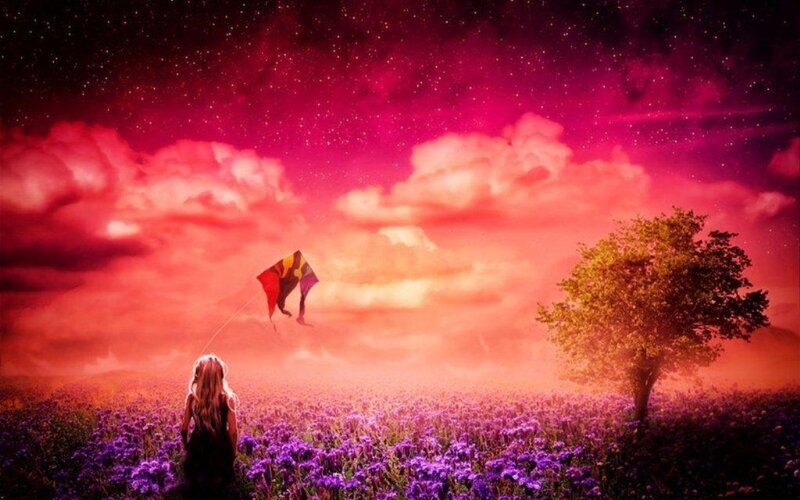 Girl Flying Kite — Purple, Dreamy, Night