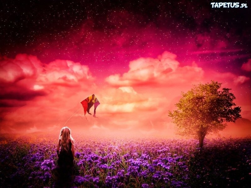 Girl Flying Kite — Purple, Dreamy