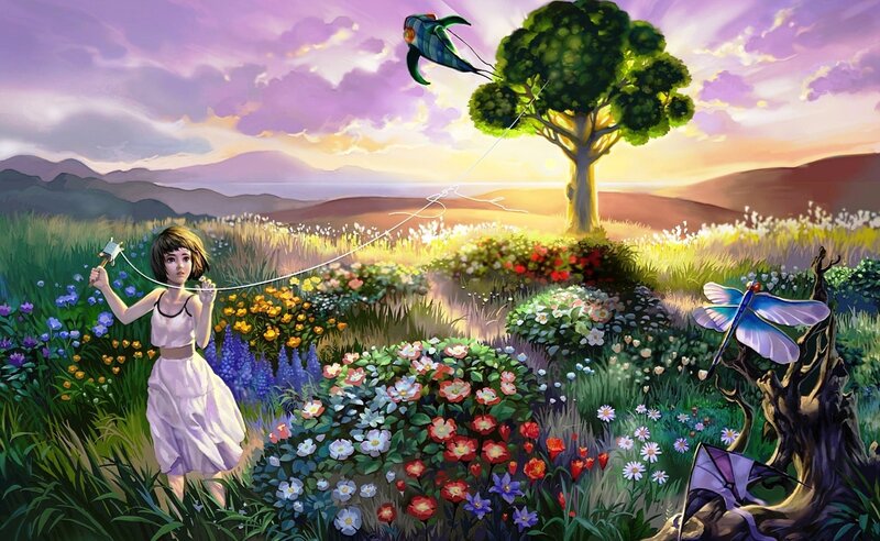 Girl Flying Kite — Purple, Serene