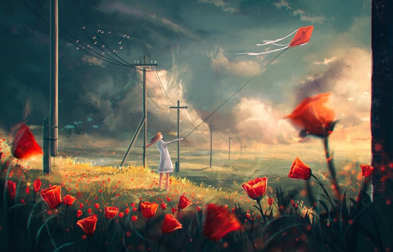 Girl Flying Kite — Red, Dramatic