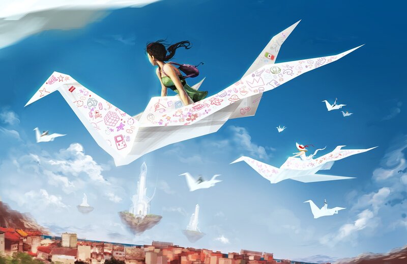 Girl flying on a paper crane