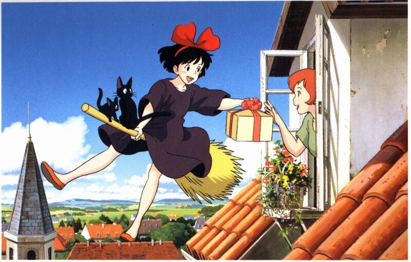 Girl Flying on Broom — Blue, Cheerful, Afternoon, Anime