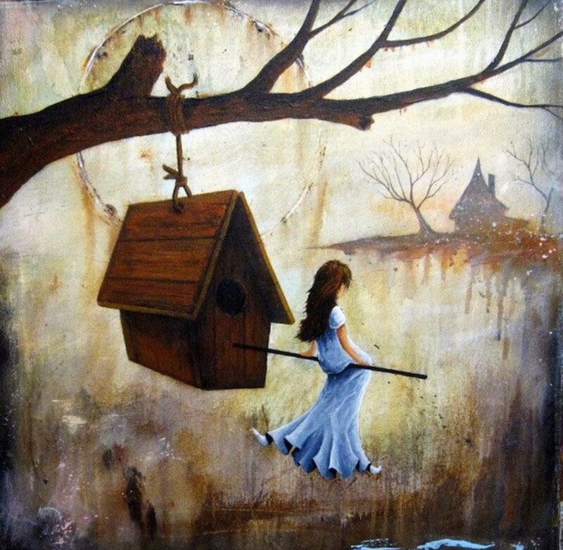 Girl Flying on Broom — Blue, Dreamy