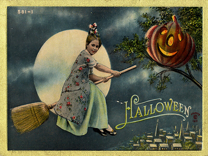 Girl Flying on Broom — Blue, Festive