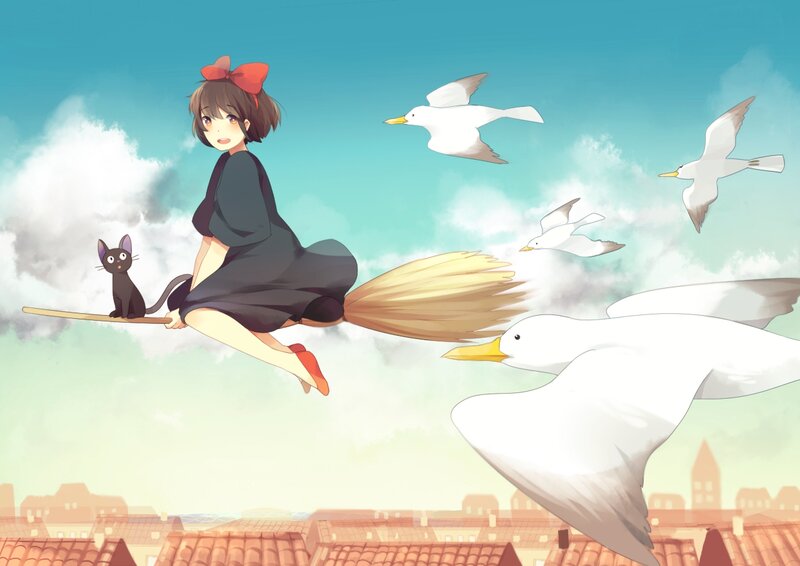 Girl Flying on Broom — Blue, Serene