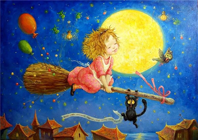 Girl Flying on Broom — Blue, Whimsical