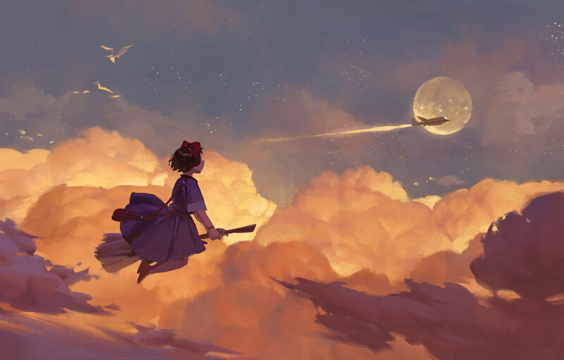 Girl Flying on Broom — Orange
