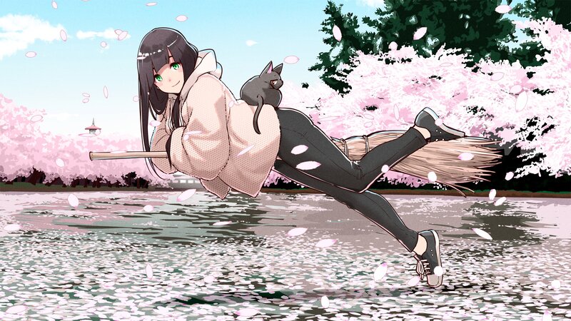 Girl Flying on Broom — Pink