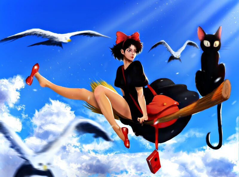 Girl Flying on Broomstick — Blue, Adventurous