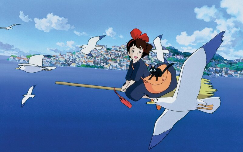 Girl Flying on Broomstick — Blue, Serene, Afternoon, Anime, Cat, Seagulls