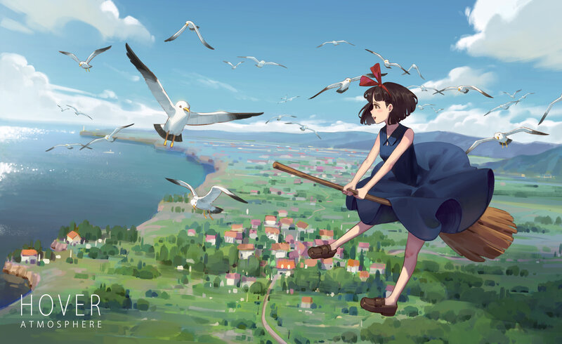 Girl Flying on Broomstick — Blue, Serene, Afternoon, Anime