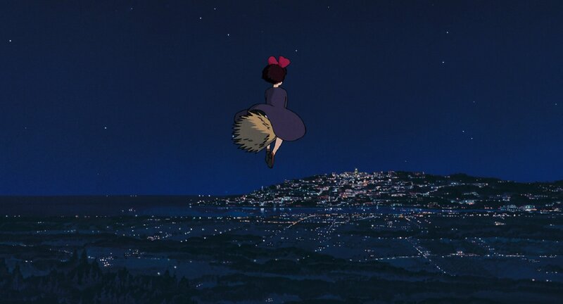 Girl Flying on Broomstick — Blue, Serene