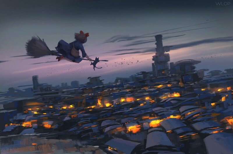 Girl Flying on Broomstick — Purple