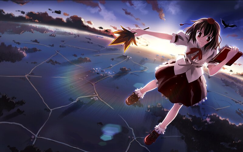 girl flying over landscape