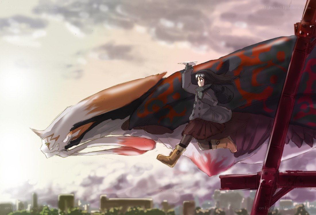 Girl flying with a large creature
