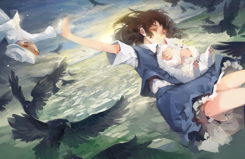Girl flying with birds