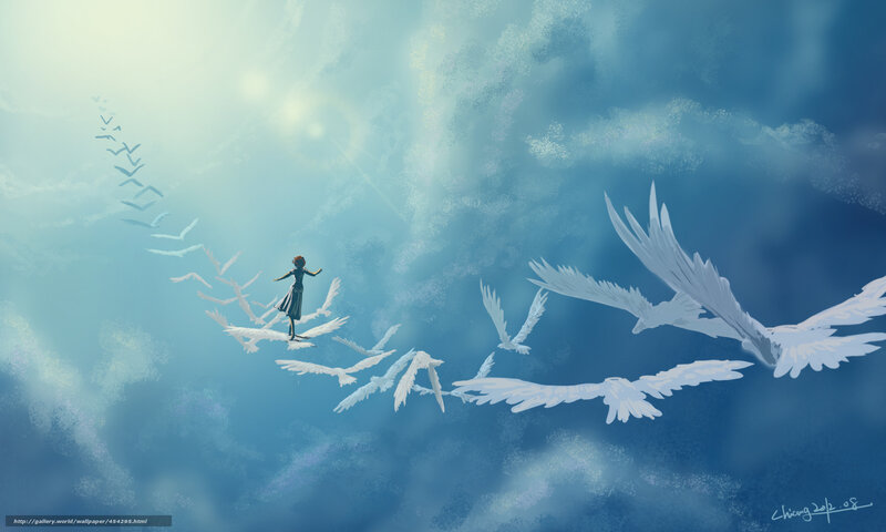 Girl Flying with Birds — Blue, Serene
