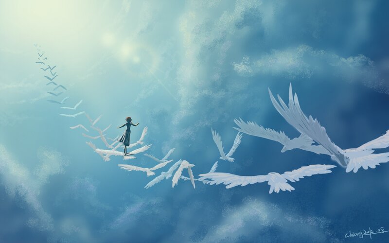 Girl Flying with Birds — Blue
