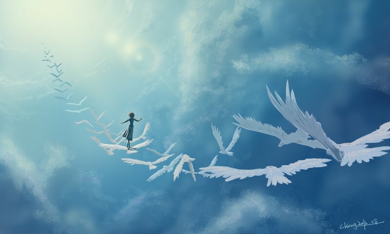 girl flying with birds