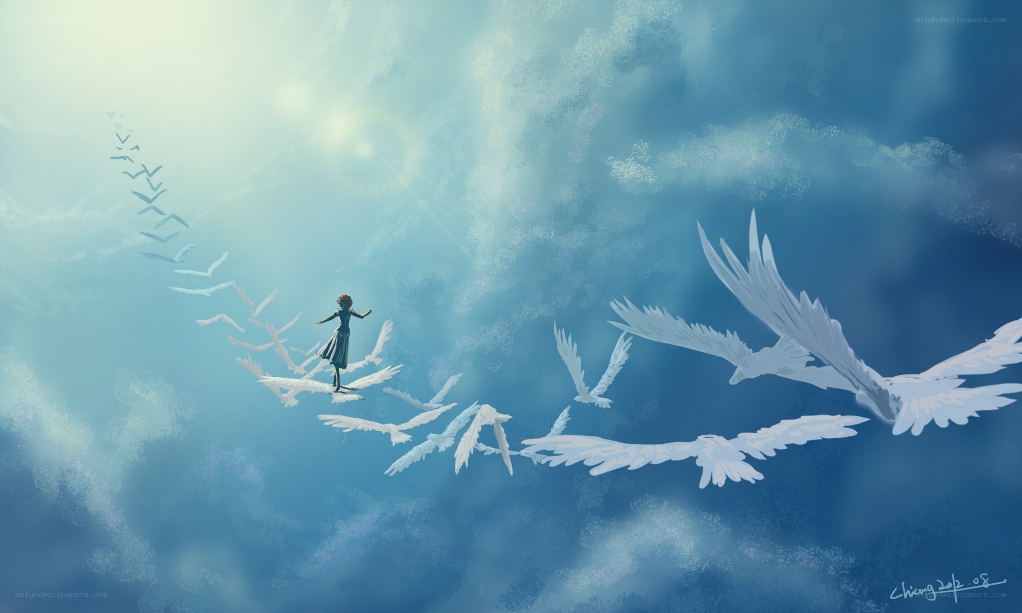 girl flying with birds