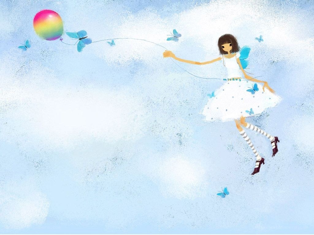 girl flying with rainbow balloon
