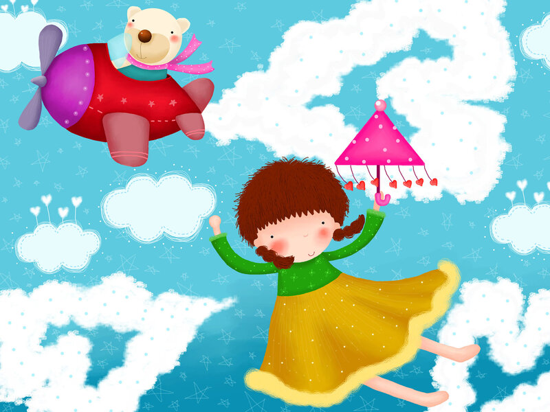 Girl Flying with Umbrella — Blue