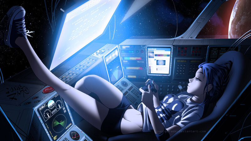 girl gaming in spaceship cockpit
