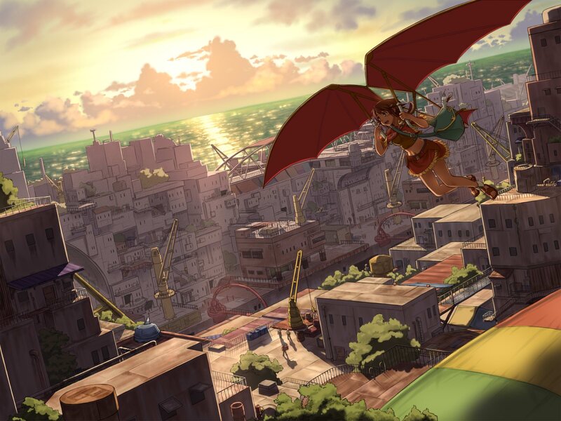 Girl gliding over city at sunset