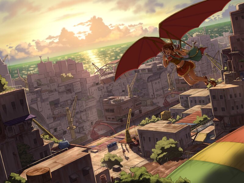 Girl gliding over coastal city