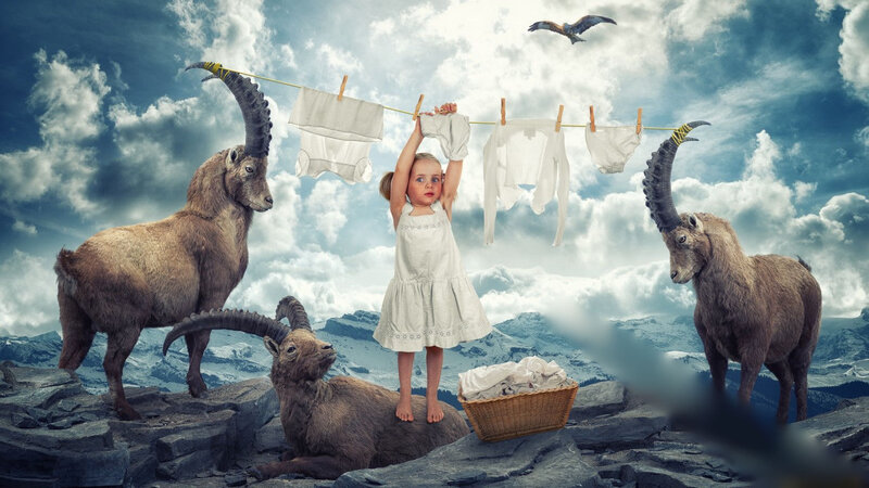 Girl Hanging Laundry — Blue, Dreamlike