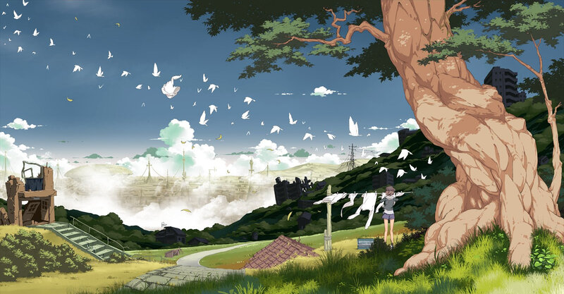 Girl hanging laundry by a tree