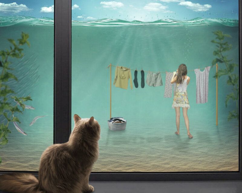 Girl Hanging Laundry Underwater