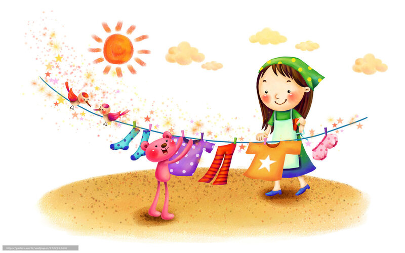 Girl hanging laundry with teddy bear