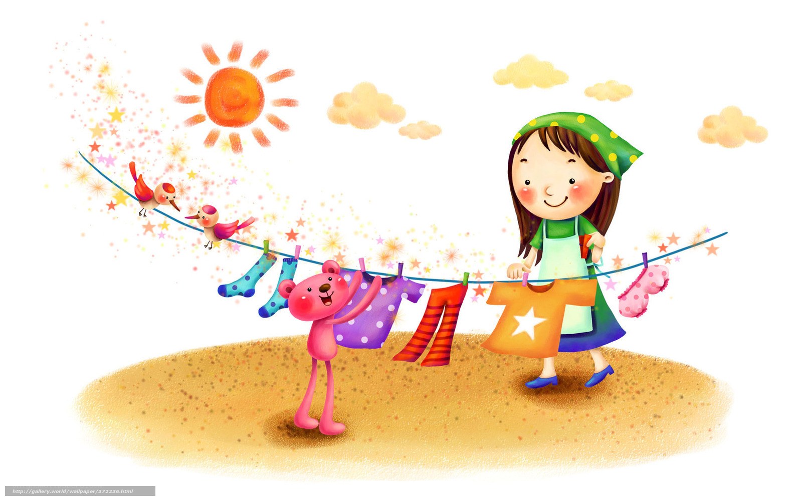 Girl hanging laundry with teddy bear