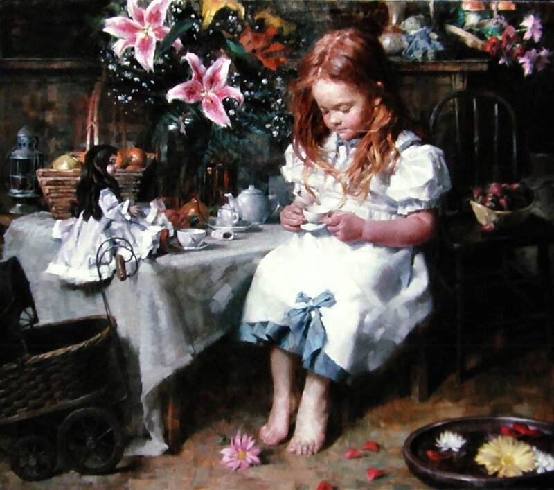 Girl Having Tea Party — White, Calm