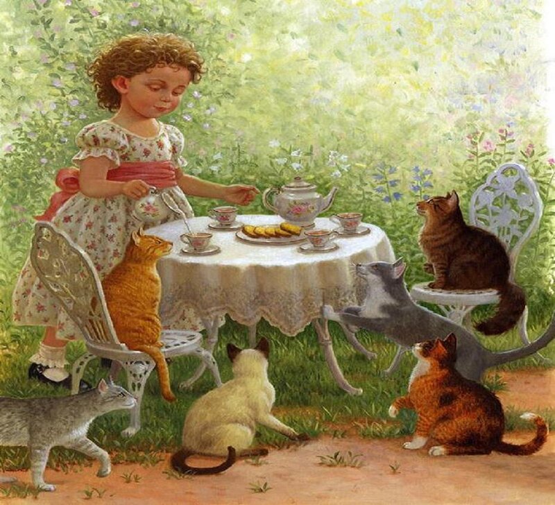 Girl Having Tea with Cats — Green, Serene
