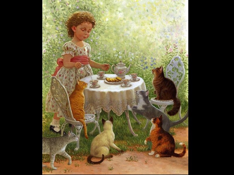 Girl Having Tea with Cats — Green