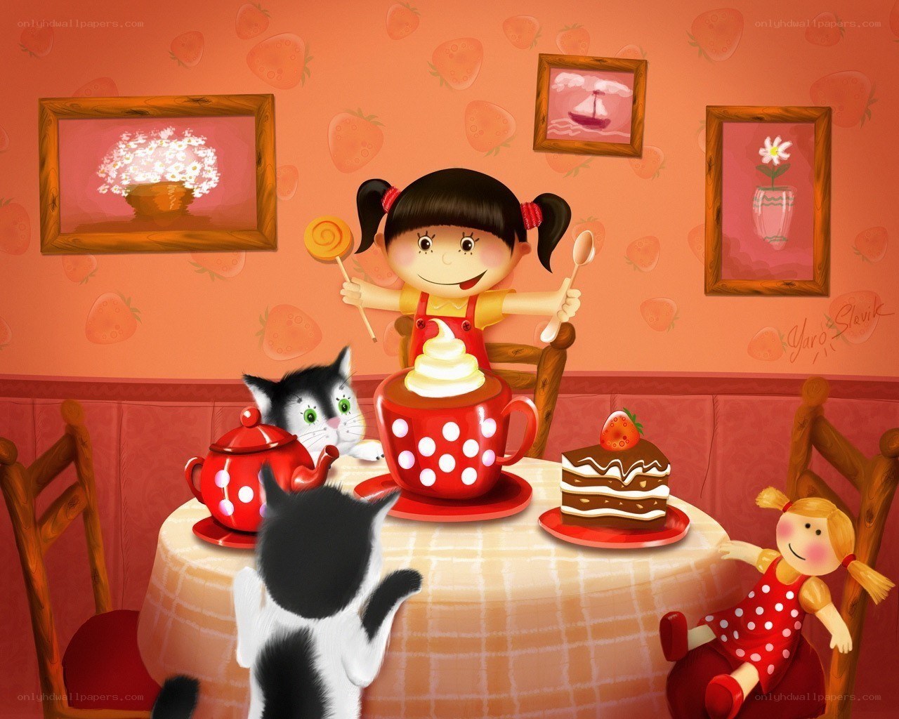 Girl having tea with cats
